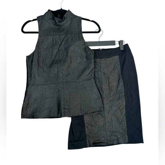 DKNY Black Lamb Nappa Leather & Stretch Knit 2 Pc Skirt Set S Peplum Modernist - Picture 1 of 12